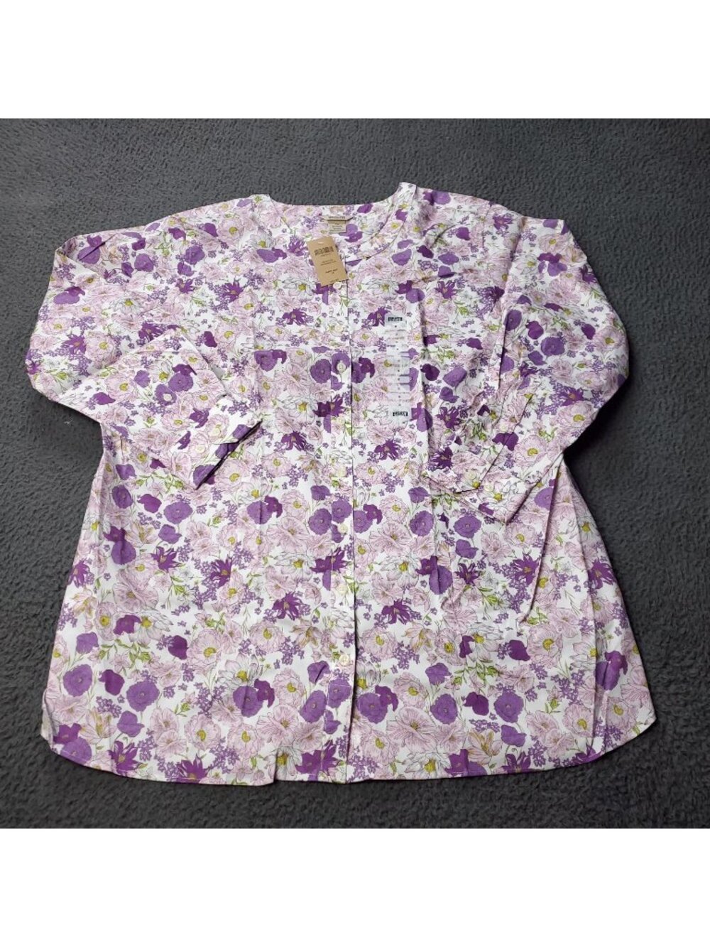 Duluth Wrinklefighter Tunic Womens 1X Plus Size Floral Button Shirt Purple LL